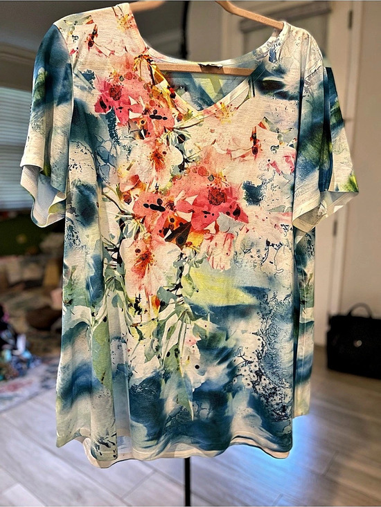 Avenue Tops - avenue Floral Short Sleeve Top Blue & Pink Size 18/20
